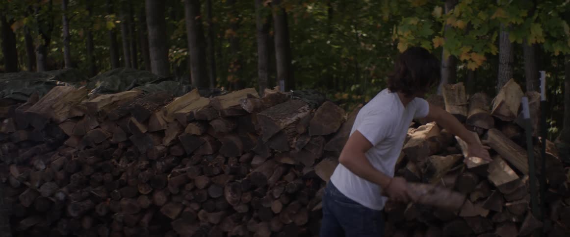 A man is stacking logs that he chopped