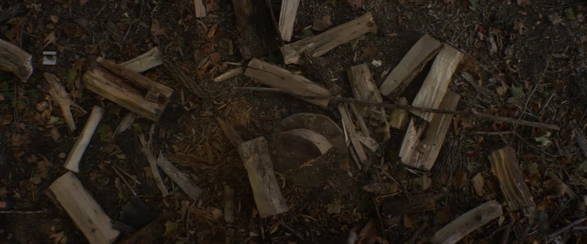 A man splits firewood with an axe