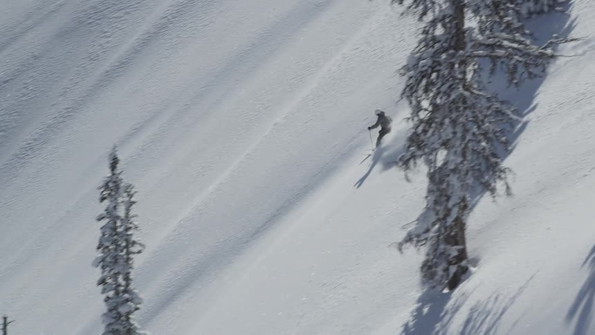 A person is skiing past the trees down a steep mountain