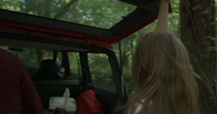 A woman sits in the truck then gets out