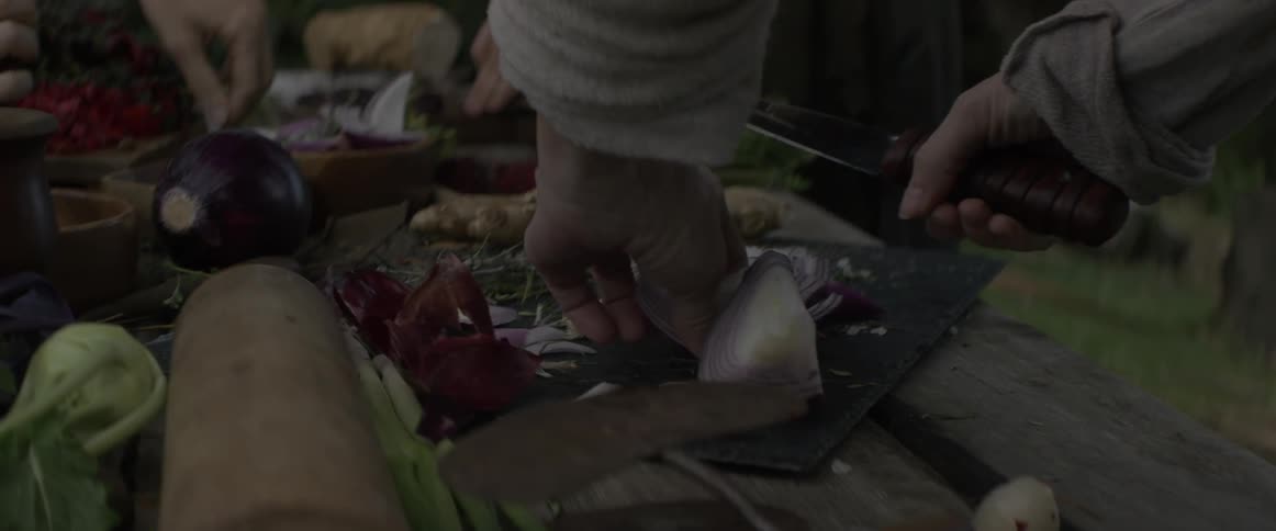 Person slices onions on a cutting board