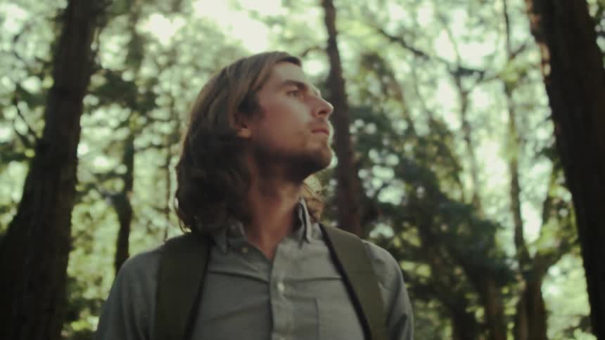 A guy is walking through the woods looking up at the trees