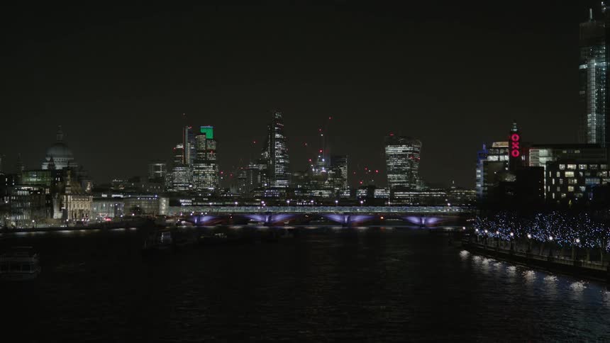 A city skyline at night