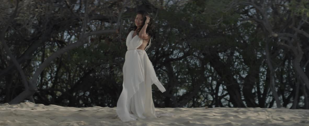 A woman's dress billows in the wind while she stands on a sandy beach