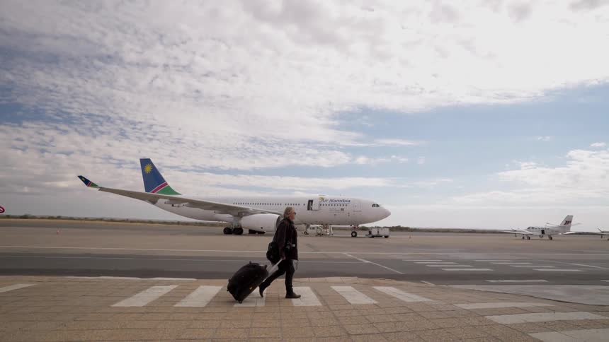 Someone is walking with the baggage towards a large plane