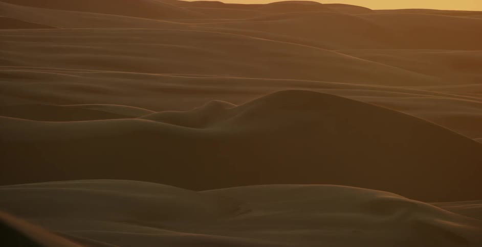 Sand dunes are shown in a desert at sunset