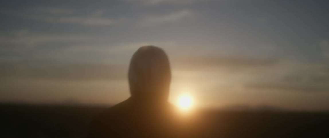 A person with a hood over his head walks toward the sunset