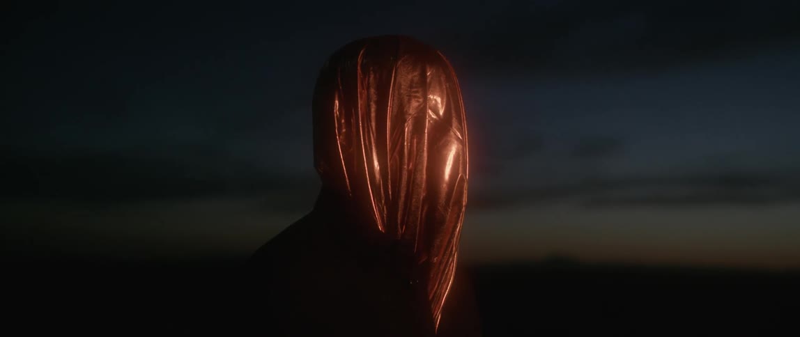 Person with a bag over their head stands still outside at night