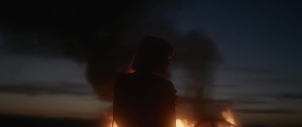 A woman watching a car burn in the desert at dusk