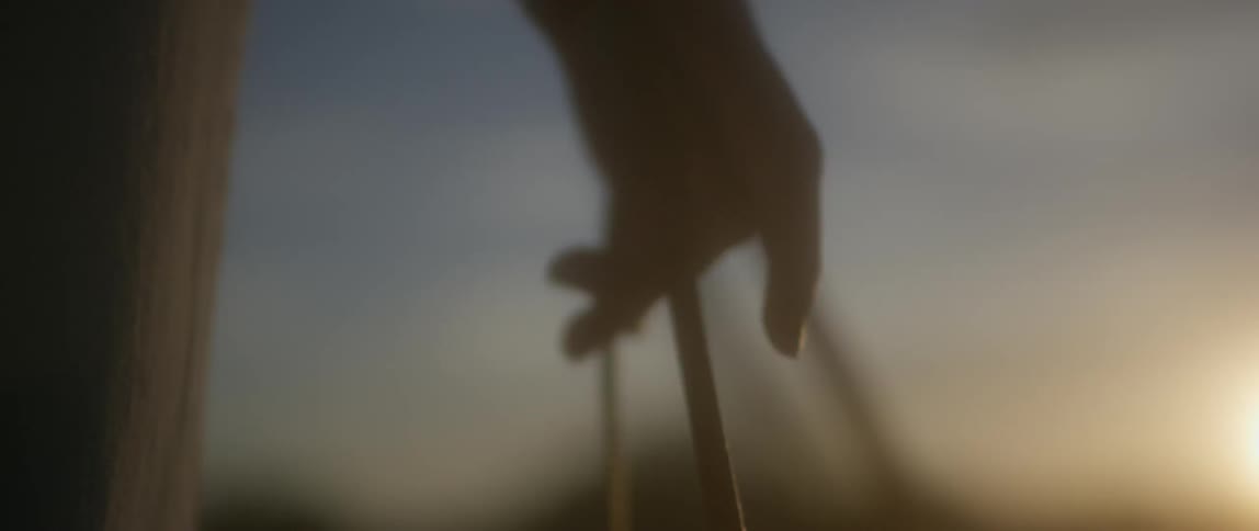 A woman plays with a purse strap outside at sunset