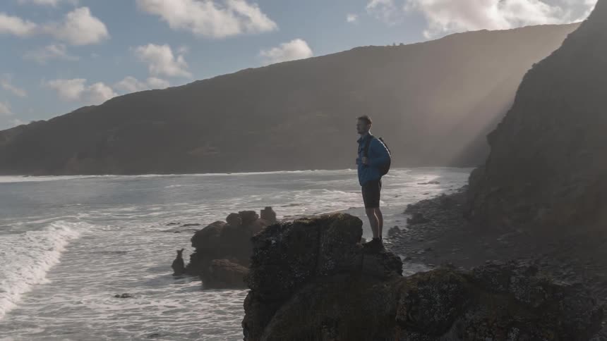 A man stands on top of a rock looking out at the ocean