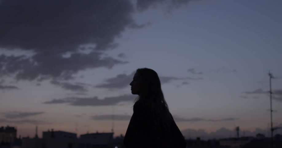 Silhouette of a woman looking outside at night