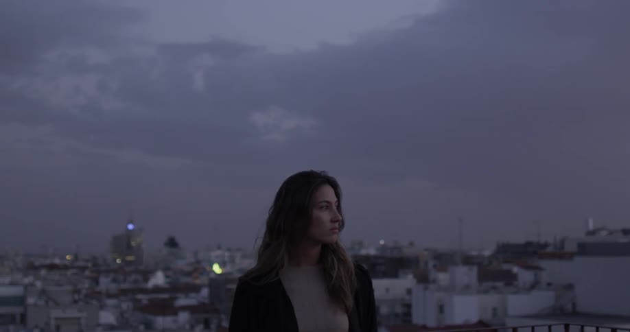A woman is standing on top of a building at dusk