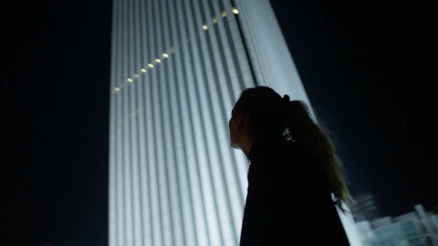Woman admiring some skyscrapers on a clear evening