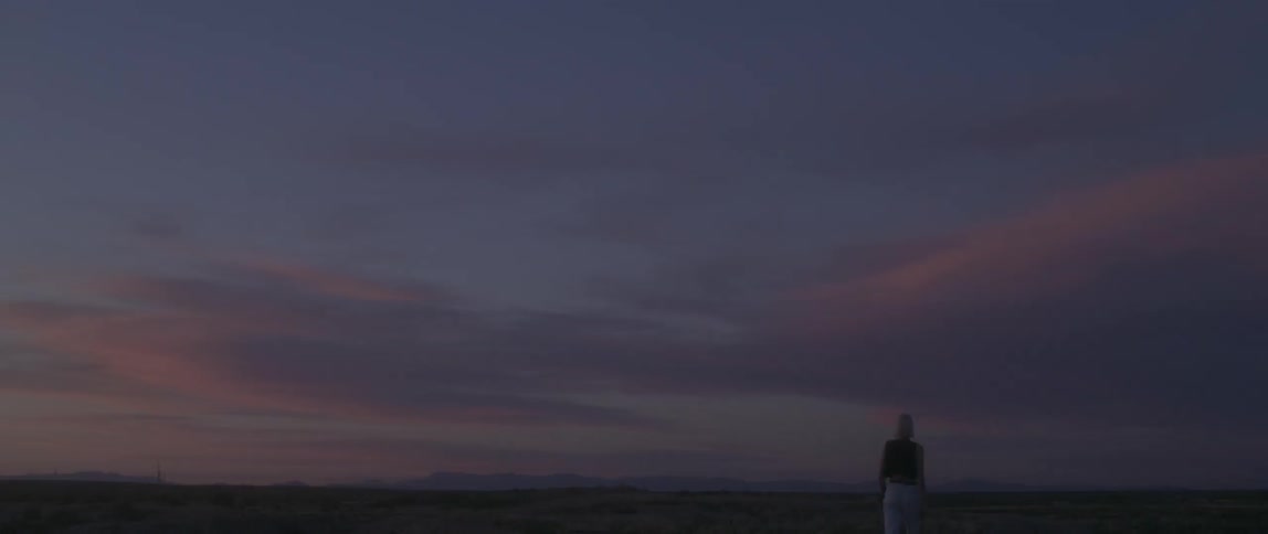 A woman is walking down the field at dawn