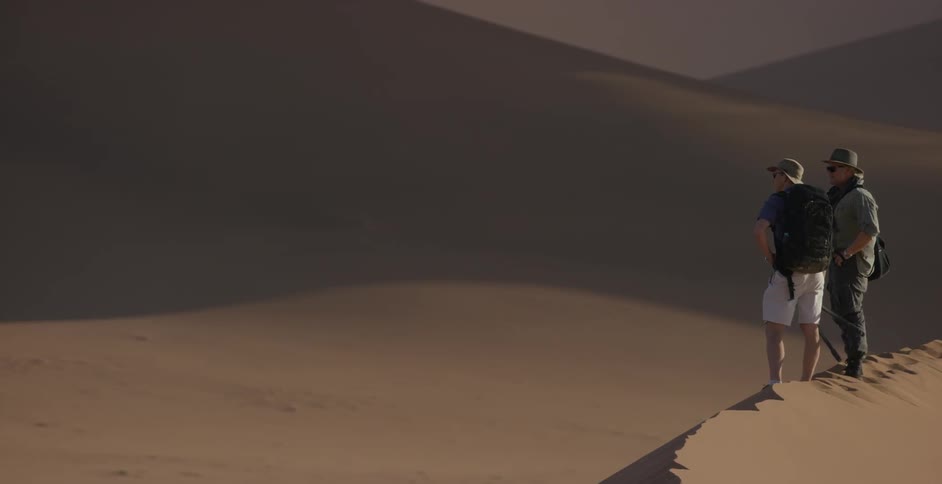 Two men stand on the ridge of a sand dunes looking about