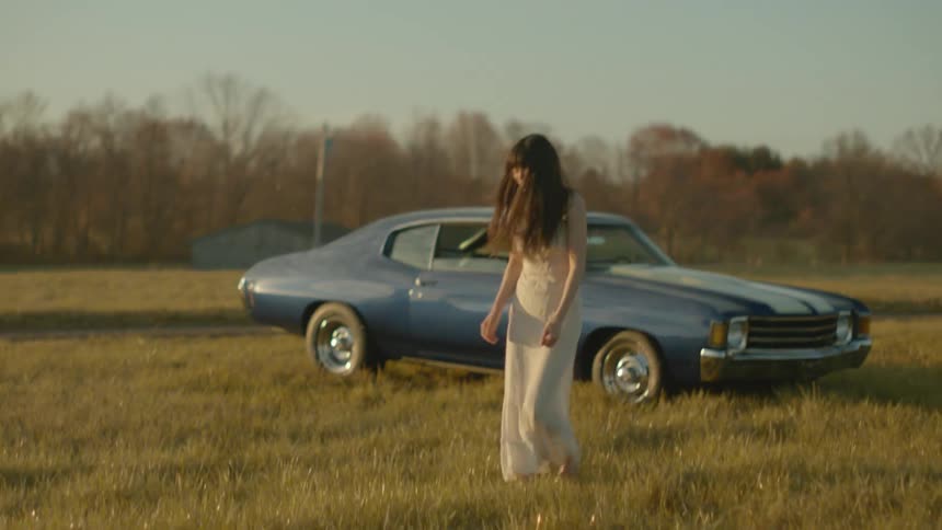 A man and woman argue in a rural field near a sports car