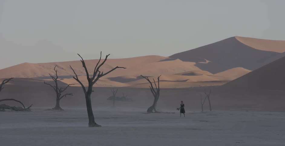 A woman walks through a desolate desert