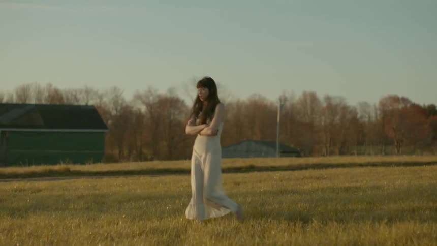 A woman walks through the grass away from a man and car