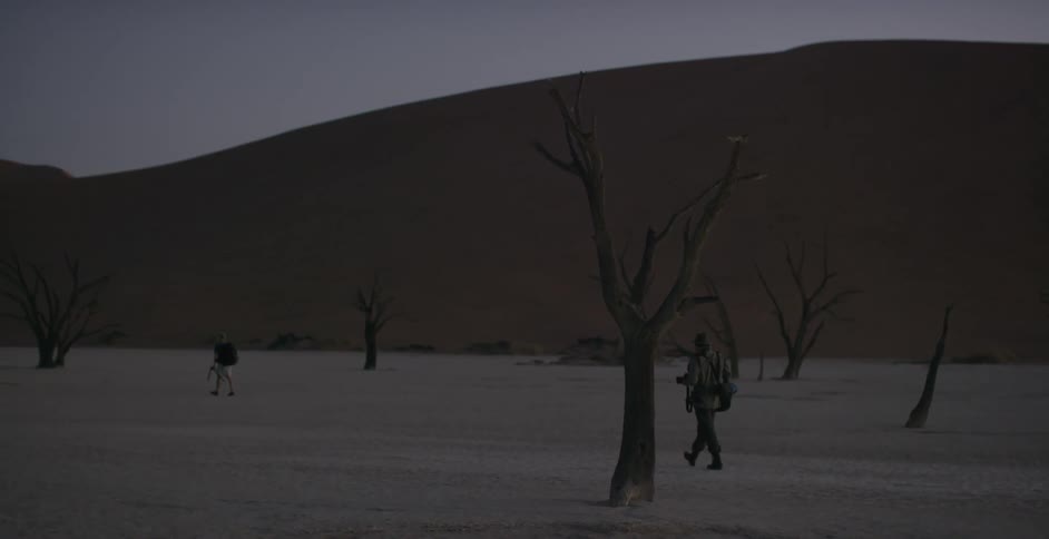 A couple of people are walking through a desert
