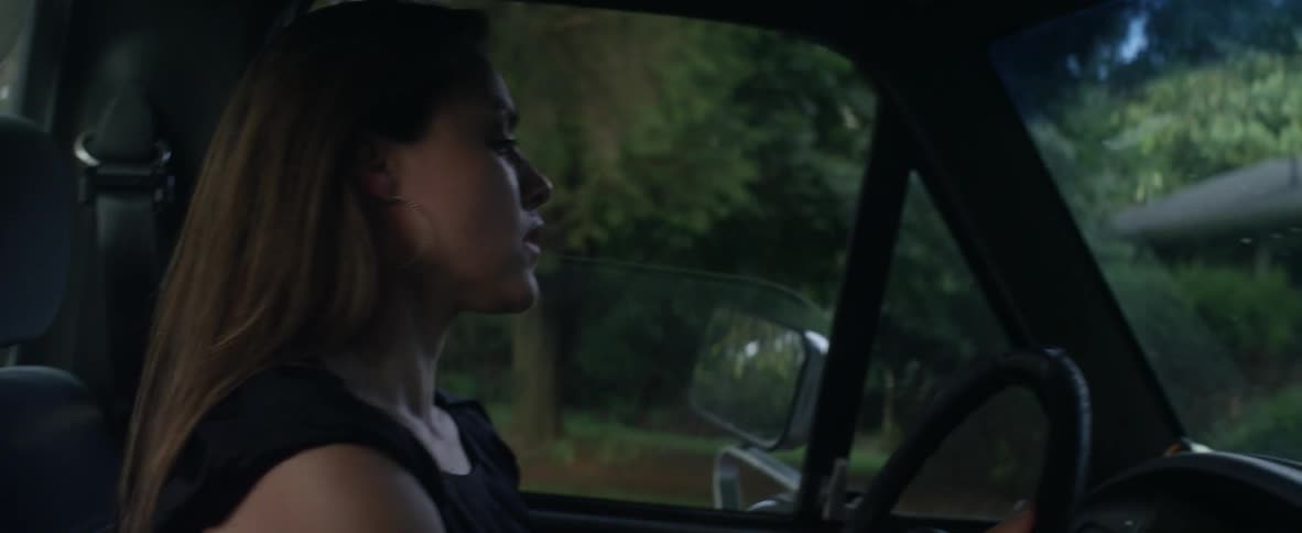 A woman drives a truck past trees and comes to a stop