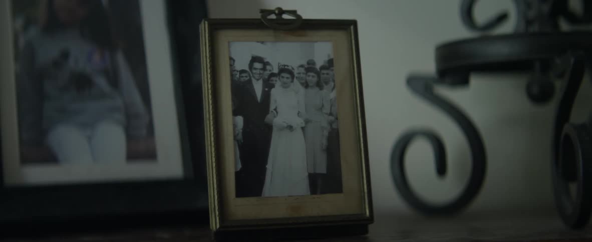 A picture frame sits on a counter