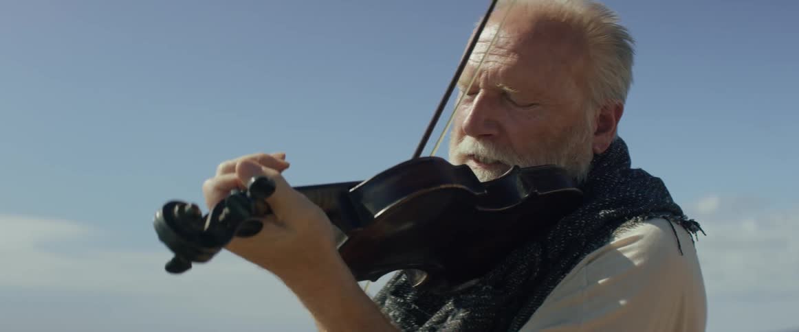 A man is playing the violin on a sunny day
