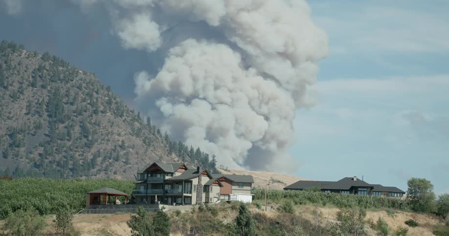 Smoke clouds from a fire billow in the distance behind homes