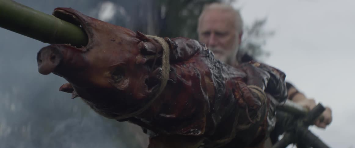 A man roasts a pig over an outdoor fire