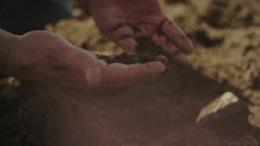 A man is crushing dirt in his hands and looking at it