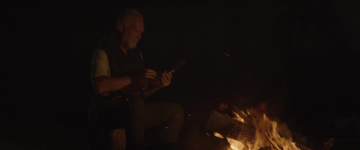 A man holds a violin next to a campfire