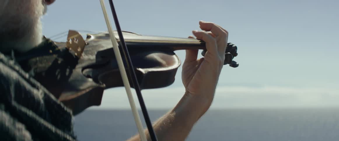 A man is playing the violin on a sunny day by the shore