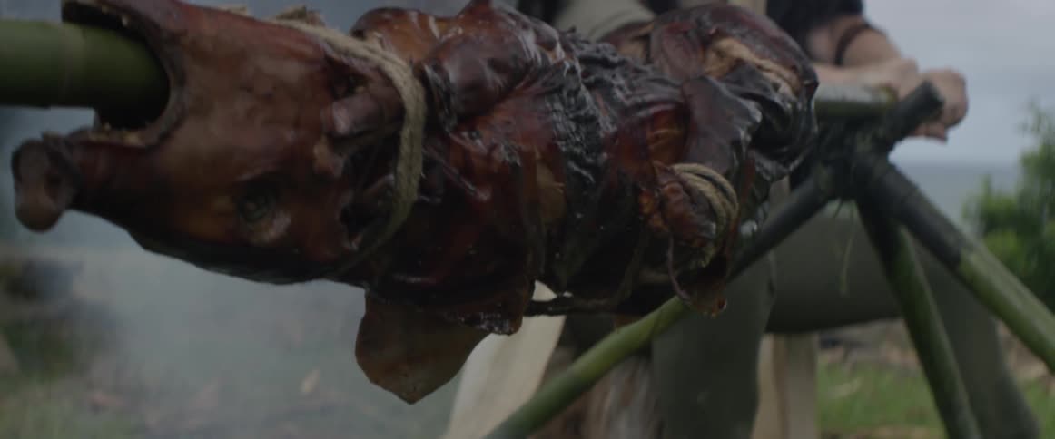 A man roasts a pig over an outdoor fire