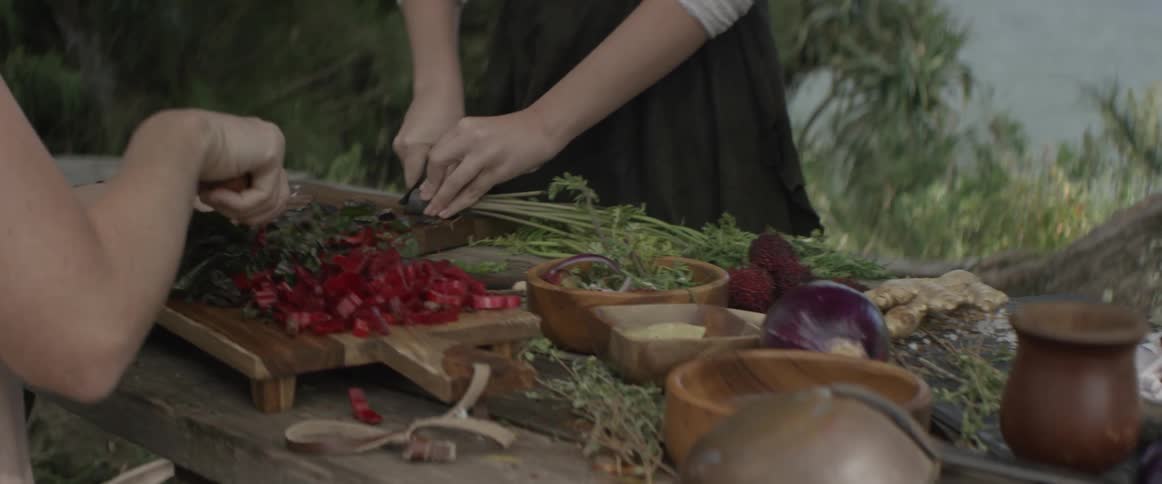 Women chop vegetables at an outdoor table