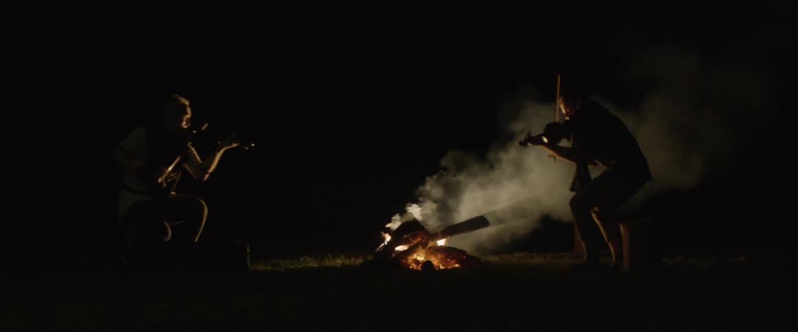 A bonfire burns as someone plays a violin