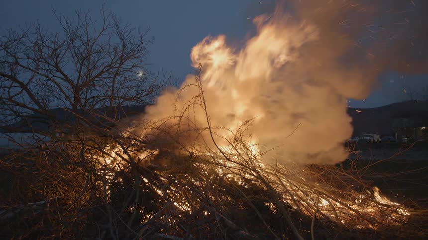 A fire burning a pile of branches at dusk