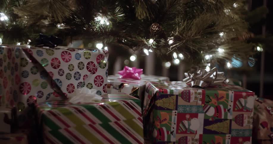 A bunch of presents line the bottom of a christmas tree