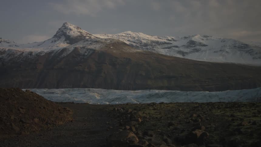 A landscape view of snow covered mountains