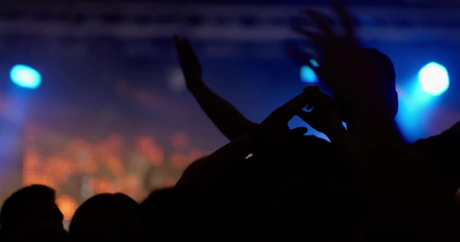 People celebrating and clapping in an audience onlooking an area with flashing lights