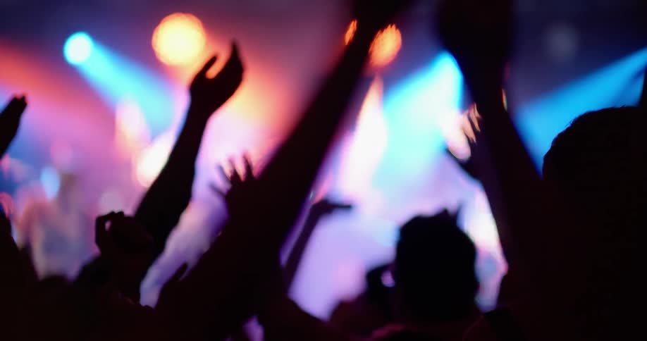 People hold their hands up in the air at a concert