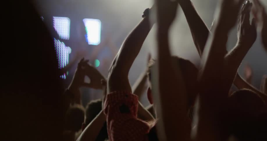 People wave their arms to the performers