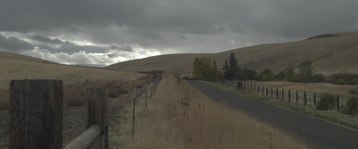 A small road going through tall grass lined with a fence in the country