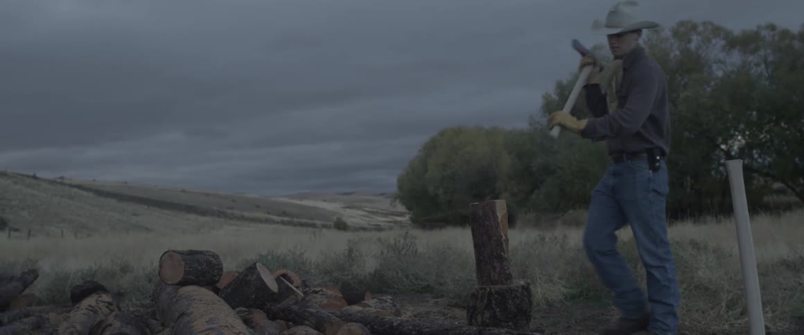 Man wearing a cowboy hat splits wood with an ax
