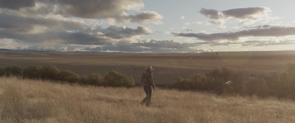 A cowboy walks in a grassy rural field on a sunny day