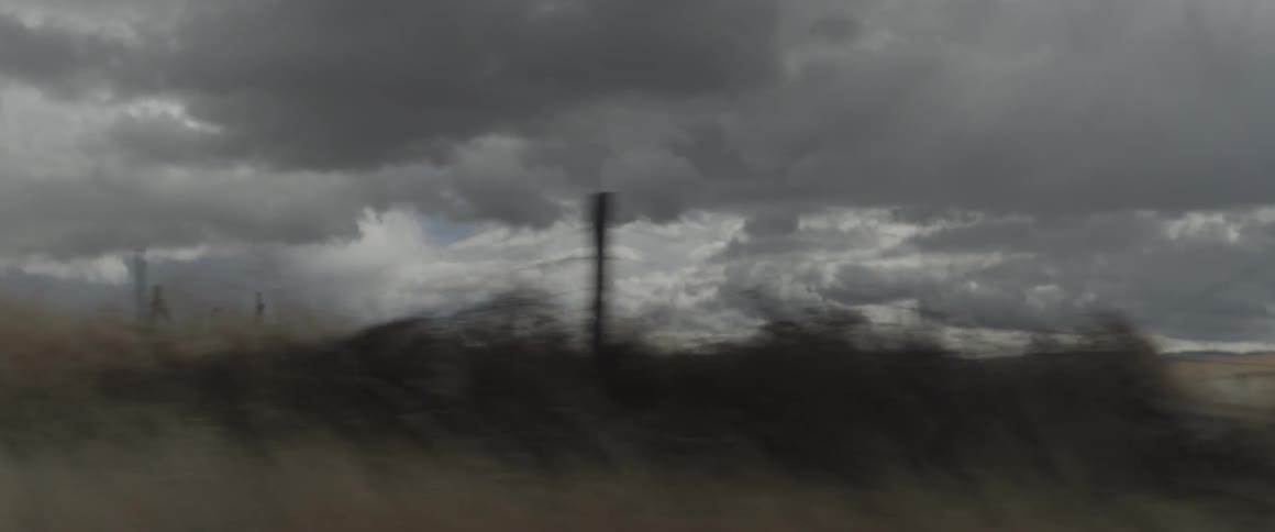A barbwire fence lines an open field