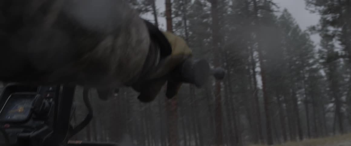 A person is riding an atv in a pine forest on a snowy day
