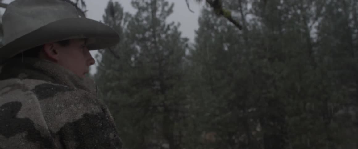 A man looks at the pine forest in front of him as snow falls