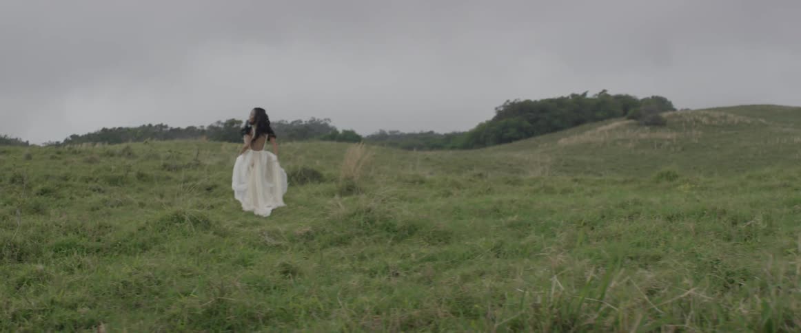A woman wearing a white dress is chased through a field