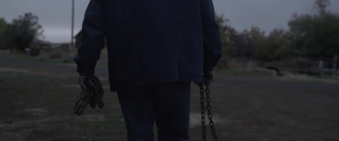 Man carrying a chain walks across a barnyard