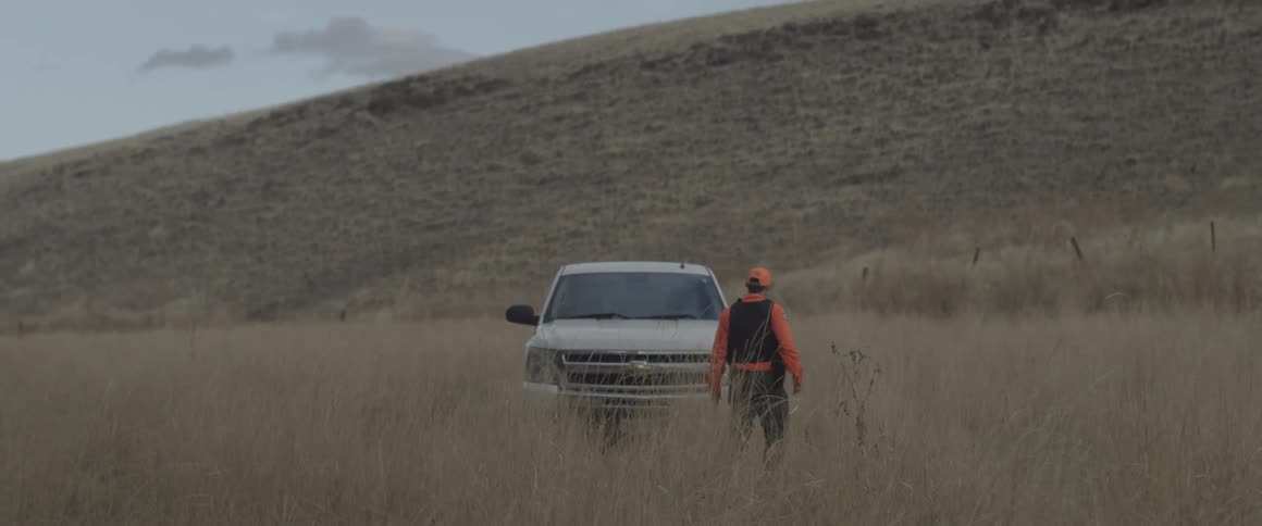 A man walks toward a pickup truck parked in tall grass
